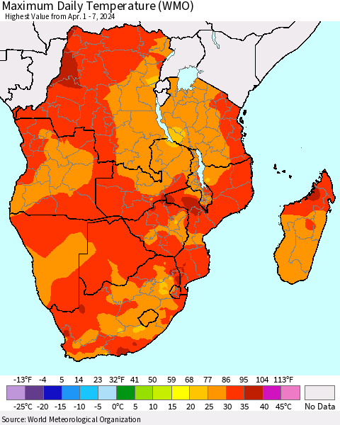 Southern Africa Maximum Daily Temperature (WMO) Thematic Map For 4/1/2024 - 4/7/2024