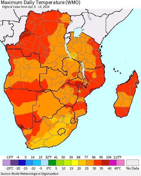 Southern Africa Maximum Daily Temperature (WMO) Thematic Map For 4/8/2024 - 4/14/2024