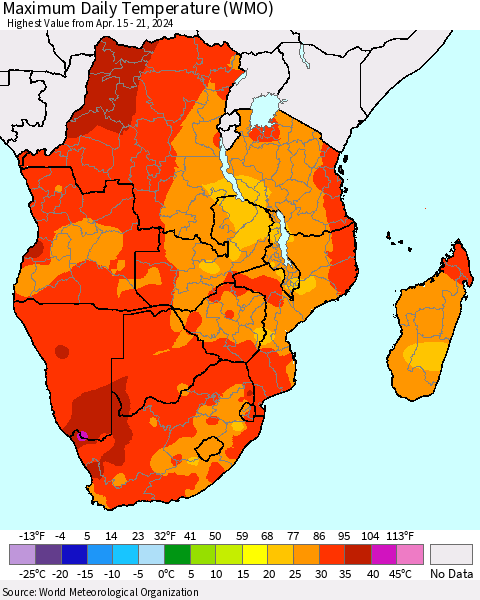 Southern Africa Maximum Daily Temperature (WMO) Thematic Map For 4/15/2024 - 4/21/2024