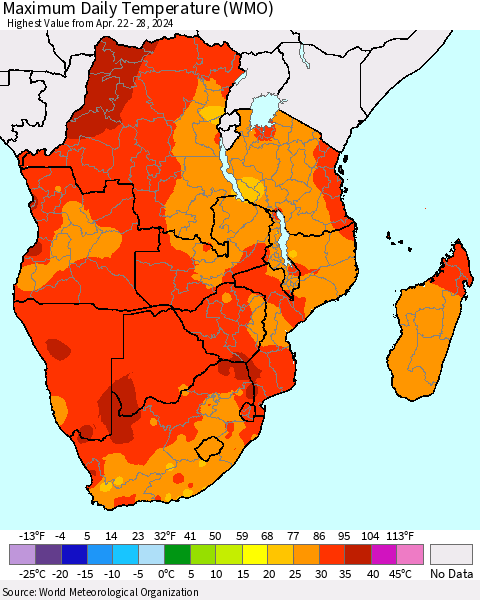 Southern Africa Maximum Daily Temperature (WMO) Thematic Map For 4/22/2024 - 4/28/2024