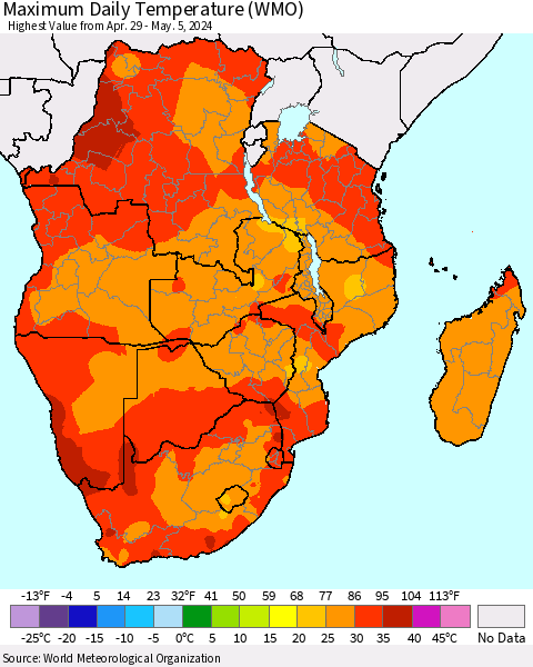 Southern Africa Maximum Daily Temperature (WMO) Thematic Map For 4/29/2024 - 5/5/2024