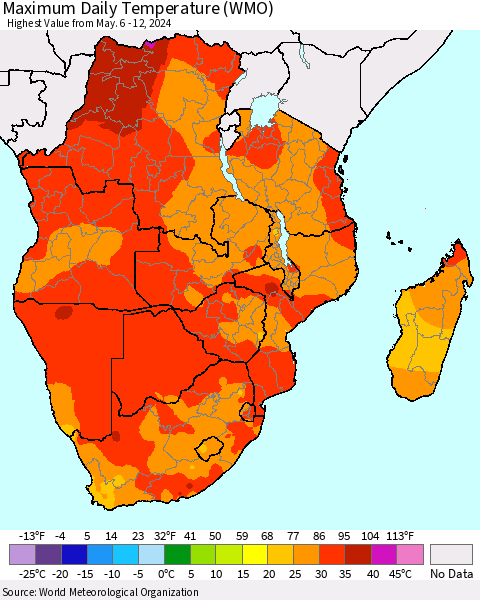 Southern Africa Maximum Daily Temperature (WMO) Thematic Map For 5/6/2024 - 5/12/2024