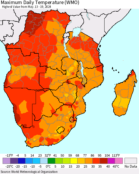 Southern Africa Maximum Daily Temperature (WMO) Thematic Map For 5/13/2024 - 5/19/2024