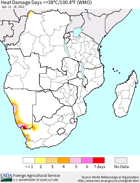 Southern Africa Heat Damage Days >=38°C/100°F (WMO) Thematic Map For 4/12/2021 - 4/18/2021