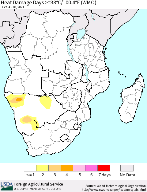 Southern Africa Heat Damage Days >=38°C/100°F (WMO) Thematic Map For 10/4/2021 - 10/10/2021