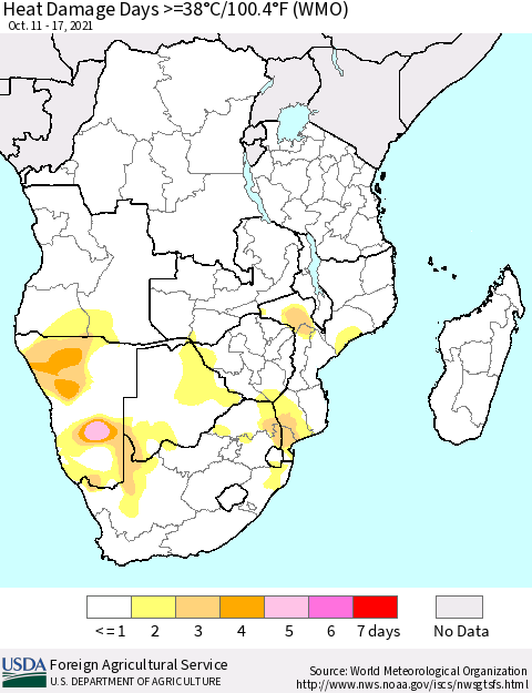 Southern Africa Heat Damage Days >=38°C/100°F (WMO) Thematic Map For 10/11/2021 - 10/17/2021
