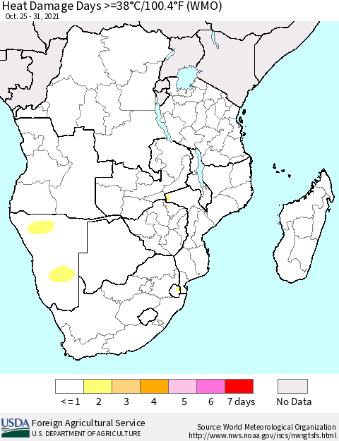 Southern Africa Heat Damage Days >=38°C/100°F (WMO) Thematic Map For 10/25/2021 - 10/31/2021