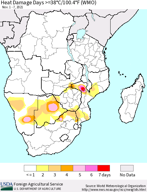 Southern Africa Heat Damage Days >=38°C/100°F (WMO) Thematic Map For 11/1/2021 - 11/7/2021