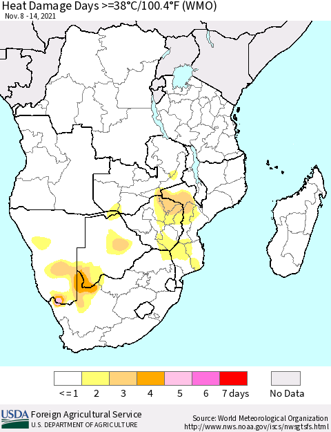 Southern Africa Heat Damage Days >=38°C/100°F (WMO) Thematic Map For 11/8/2021 - 11/14/2021