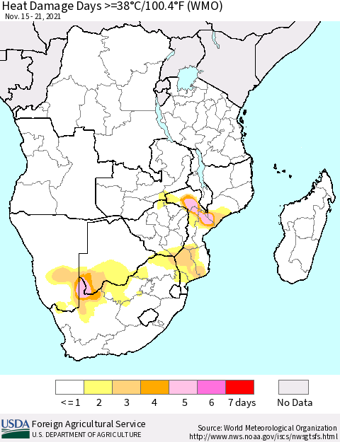 Southern Africa Heat Damage Days >=38°C/100°F (WMO) Thematic Map For 11/15/2021 - 11/21/2021