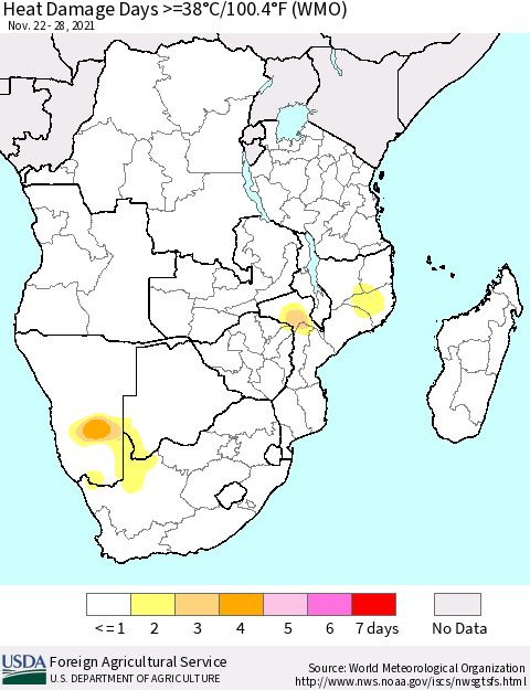 Southern Africa Heat Damage Days >=38°C/100°F (WMO) Thematic Map For 11/22/2021 - 11/28/2021