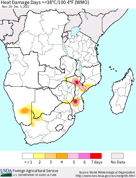 Southern Africa Heat Damage Days >=38°C/100°F (WMO) Thematic Map For 11/29/2021 - 12/5/2021