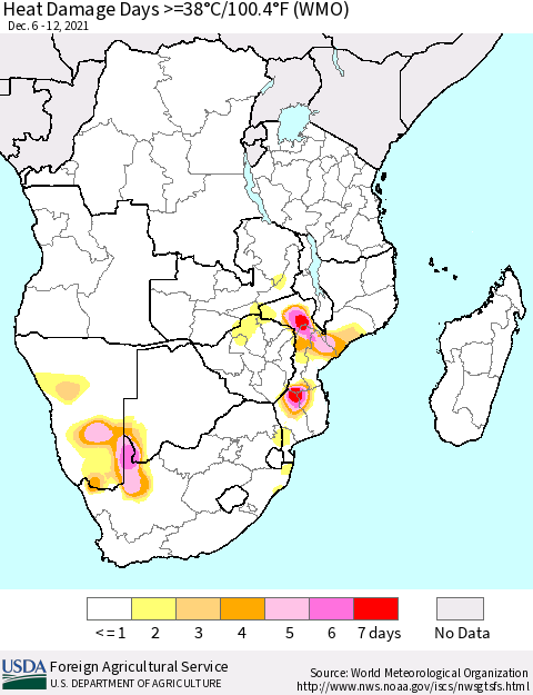 Southern Africa Heat Damage Days >=38°C/100°F (WMO) Thematic Map For 12/6/2021 - 12/12/2021