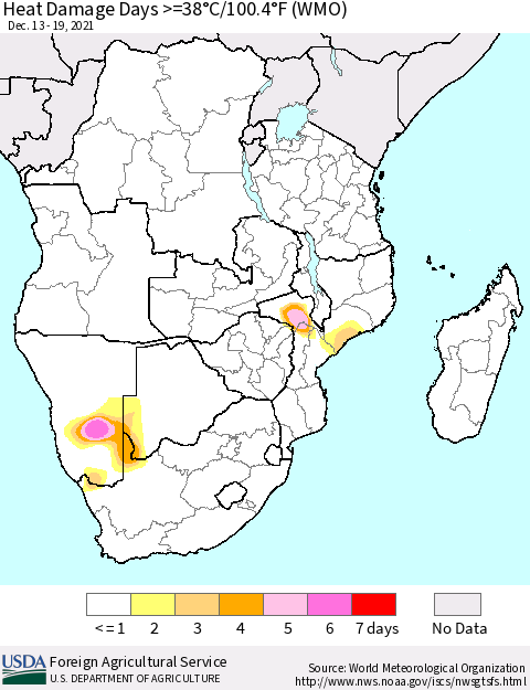 Southern Africa Heat Damage Days >=38°C/100°F (WMO) Thematic Map For 12/13/2021 - 12/19/2021