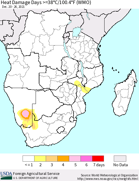 Southern Africa Heat Damage Days >=38°C/100°F (WMO) Thematic Map For 12/20/2021 - 12/26/2021
