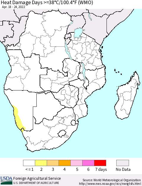 Southern Africa Heat Damage Days >=38°C/100°F (WMO) Thematic Map For 4/18/2022 - 4/24/2022