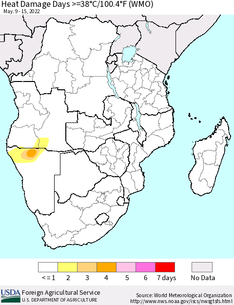 Southern Africa Heat Damage Days >=38°C/100°F (WMO) Thematic Map For 5/9/2022 - 5/15/2022
