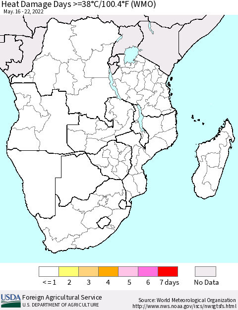 Southern Africa Heat Damage Days >=38°C/100°F (WMO) Thematic Map For 5/16/2022 - 5/22/2022