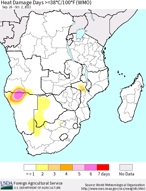 Southern Africa Heat Damage Days >=38°C/100°F (WMO) Thematic Map For 9/26/2022 - 10/2/2022