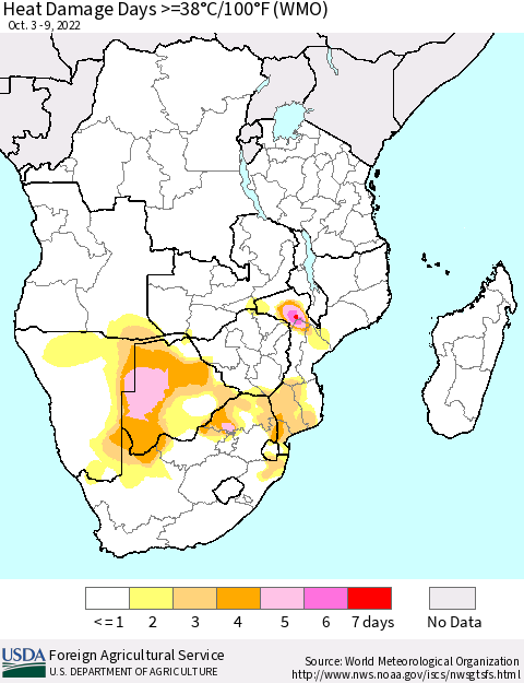 Southern Africa Heat Damage Days >=38°C/100°F (WMO) Thematic Map For 10/3/2022 - 10/9/2022