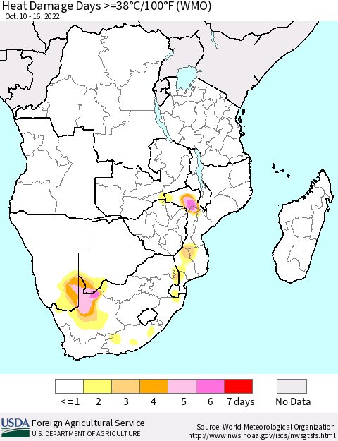 Southern Africa Heat Damage Days >=38°C/100°F (WMO) Thematic Map For 10/10/2022 - 10/16/2022