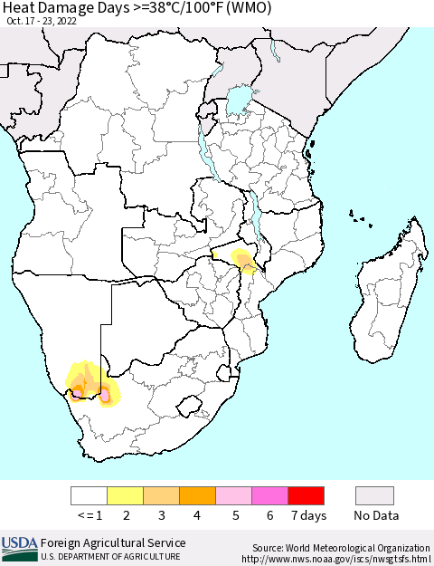 Southern Africa Heat Damage Days >=38°C/100°F (WMO) Thematic Map For 10/17/2022 - 10/23/2022
