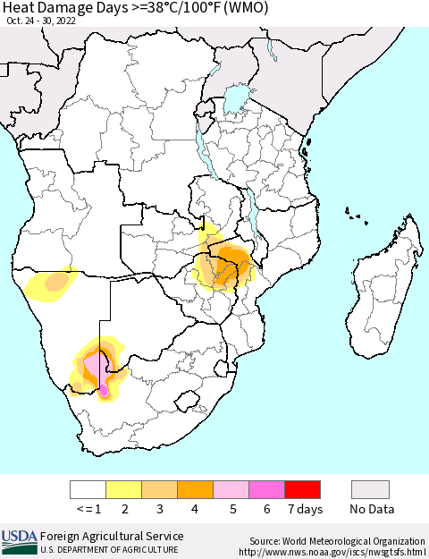 Southern Africa Heat Damage Days >=38°C/100°F (WMO) Thematic Map For 10/24/2022 - 10/30/2022