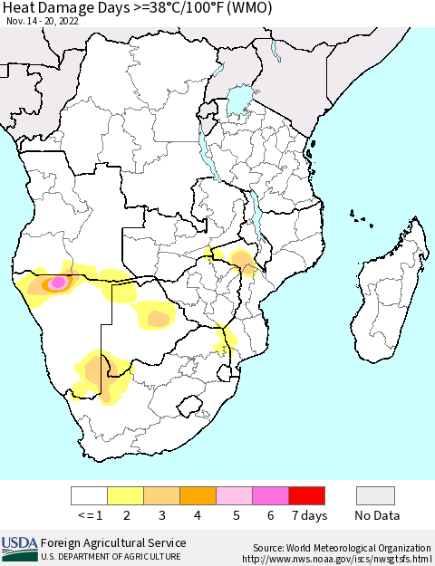 Southern Africa Heat Damage Days >=38°C/100°F (WMO) Thematic Map For 11/14/2022 - 11/20/2022