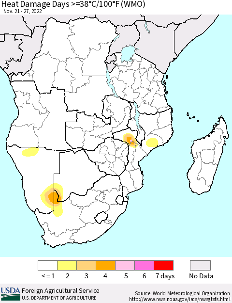 Southern Africa Heat Damage Days >=38°C/100°F (WMO) Thematic Map For 11/21/2022 - 11/27/2022