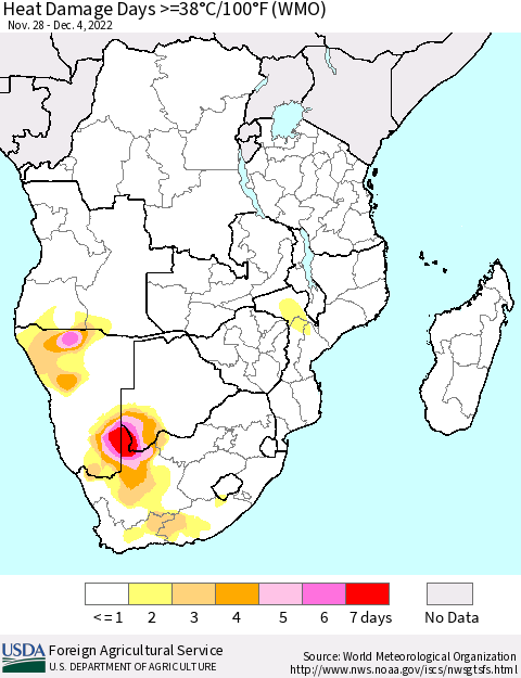 Southern Africa Heat Damage Days >=38°C/100°F (WMO) Thematic Map For 11/28/2022 - 12/4/2022