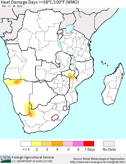 Southern Africa Heat Damage Days >=38°C/100°F (WMO) Thematic Map For 12/12/2022 - 12/18/2022