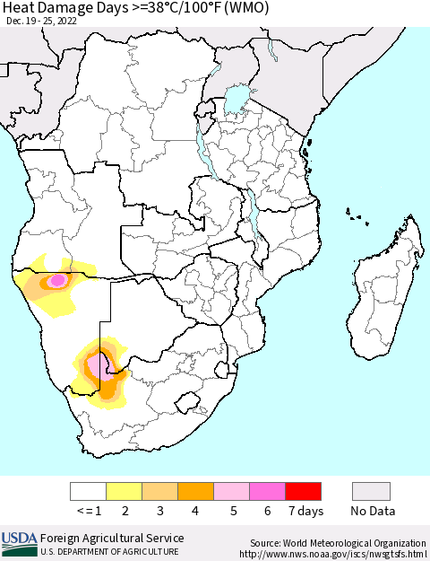 Southern Africa Heat Damage Days >=38°C/100°F (WMO) Thematic Map For 12/19/2022 - 12/25/2022