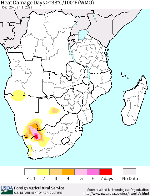 Southern Africa Heat Damage Days >=38°C/100°F (WMO) Thematic Map For 12/26/2022 - 1/1/2023