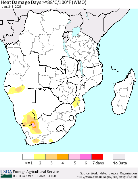 Southern Africa Heat Damage Days >=38°C/100°F (WMO) Thematic Map For 1/2/2023 - 1/8/2023