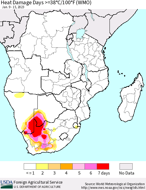 Southern Africa Heat Damage Days >=38°C/100°F (WMO) Thematic Map For 1/9/2023 - 1/15/2023