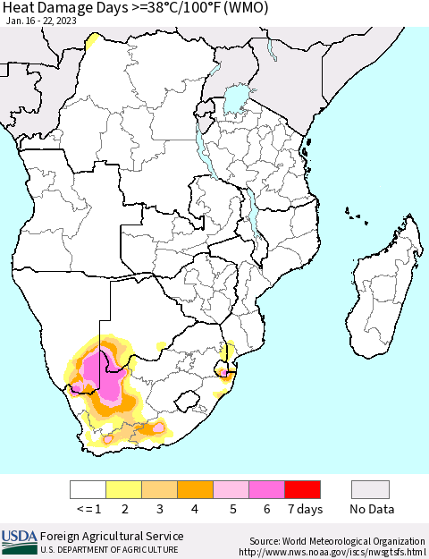 Southern Africa Heat Damage Days >=38°C/100°F (WMO) Thematic Map For 1/16/2023 - 1/22/2023