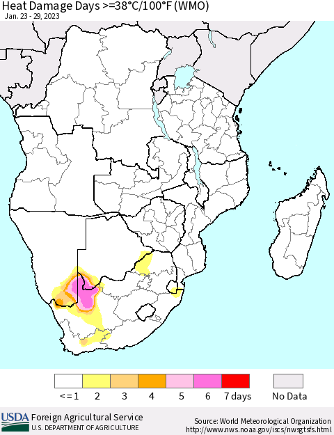 Southern Africa Heat Damage Days >=38°C/100°F (WMO) Thematic Map For 1/23/2023 - 1/29/2023