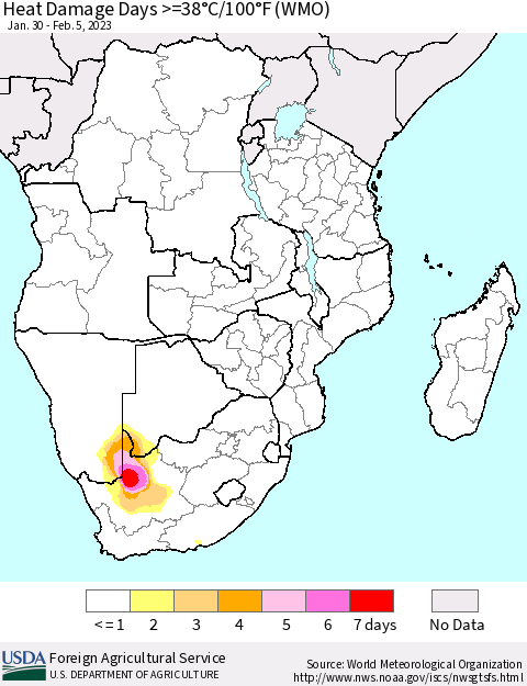 Southern Africa Heat Damage Days >=38°C/100°F (WMO) Thematic Map For 1/30/2023 - 2/5/2023