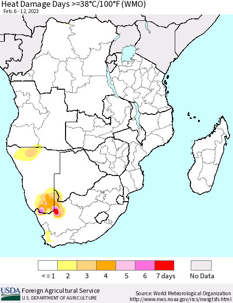 Southern Africa Heat Damage Days >=38°C/100°F (WMO) Thematic Map For 2/6/2023 - 2/12/2023
