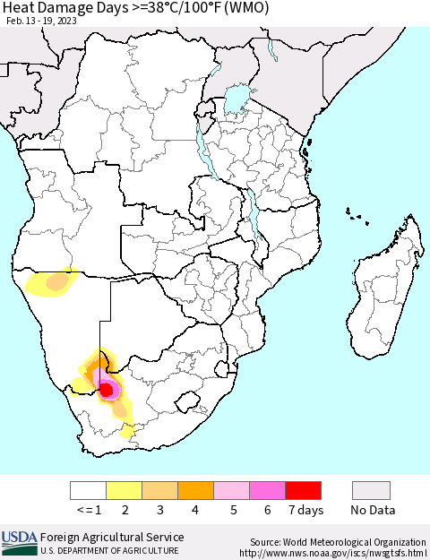 Southern Africa Heat Damage Days >=38°C/100°F (WMO) Thematic Map For 2/13/2023 - 2/19/2023