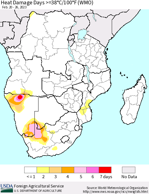 Southern Africa Heat Damage Days >=38°C/100°F (WMO) Thematic Map For 2/20/2023 - 2/26/2023