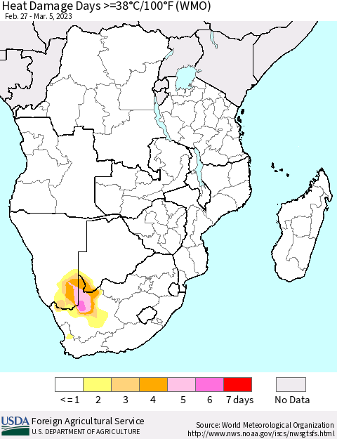 Southern Africa Heat Damage Days >=38°C/100°F (WMO) Thematic Map For 2/27/2023 - 3/5/2023