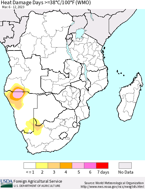 Southern Africa Heat Damage Days >=38°C/100°F (WMO) Thematic Map For 3/6/2023 - 3/12/2023