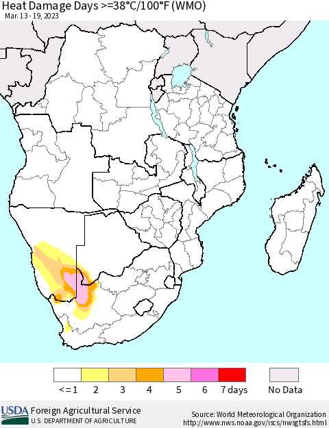 Southern Africa Heat Damage Days >=38°C/100°F (WMO) Thematic Map For 3/13/2023 - 3/19/2023