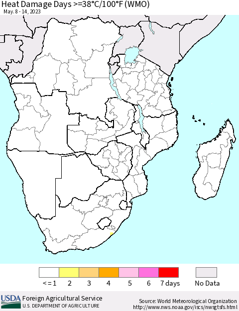 Southern Africa Heat Damage Days >=38°C/100°F (WMO) Thematic Map For 5/8/2023 - 5/14/2023