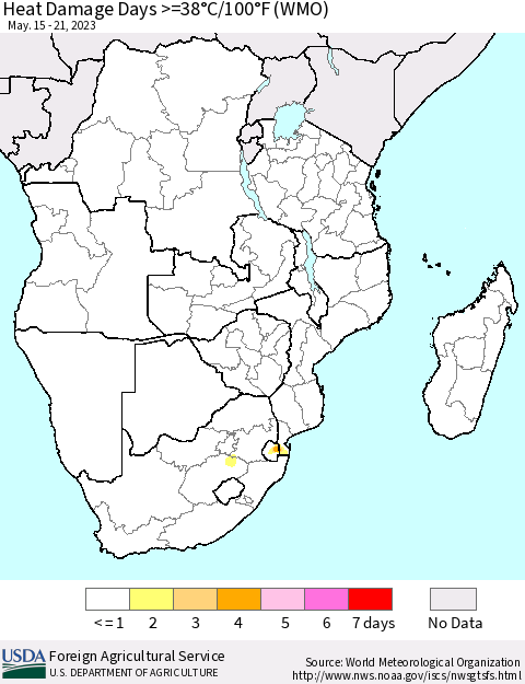Southern Africa Heat Damage Days >=38°C/100°F (WMO) Thematic Map For 5/15/2023 - 5/21/2023