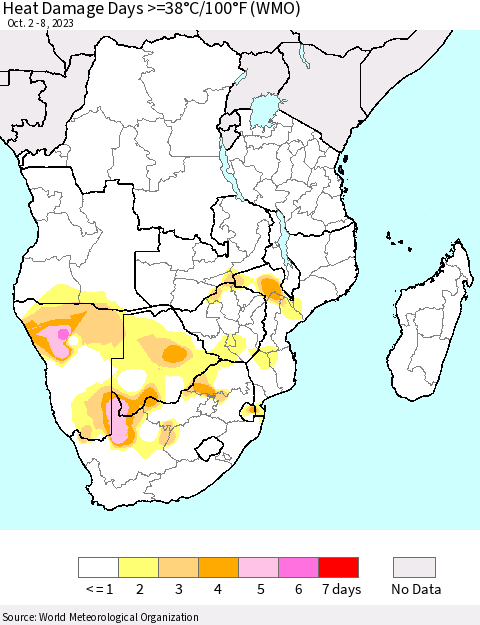 Southern Africa Heat Damage Days >=38°C/100°F (WMO) Thematic Map For 10/2/2023 - 10/8/2023