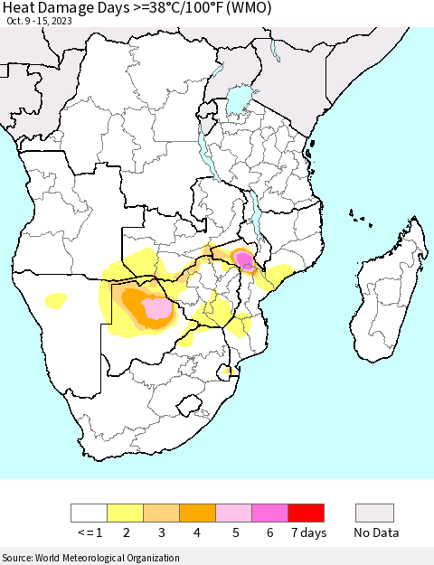 Southern Africa Heat Damage Days >=38°C/100°F (WMO) Thematic Map For 10/9/2023 - 10/15/2023