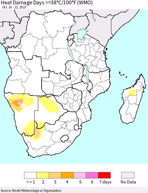 Southern Africa Heat Damage Days >=38°C/100°F (WMO) Thematic Map For 10/16/2023 - 10/22/2023