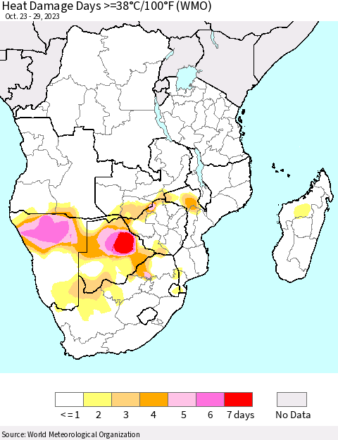 Southern Africa Heat Damage Days >=38°C/100°F (WMO) Thematic Map For 10/23/2023 - 10/29/2023